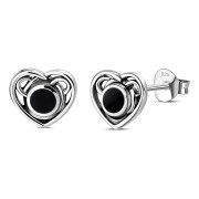 Black Onyx Celtic Love Heart Sterling Silver Stud Earrings - e366